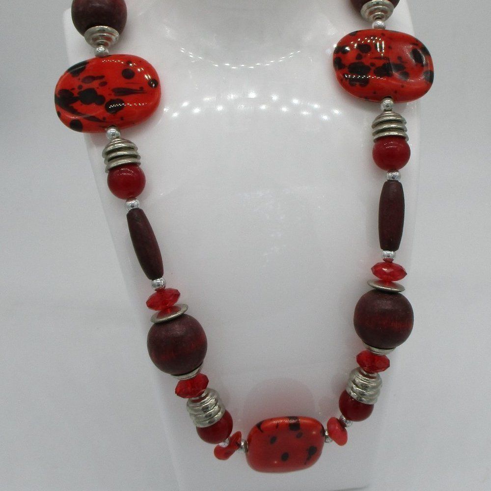 𝅺chunky Bead Red Necklace & Earrings